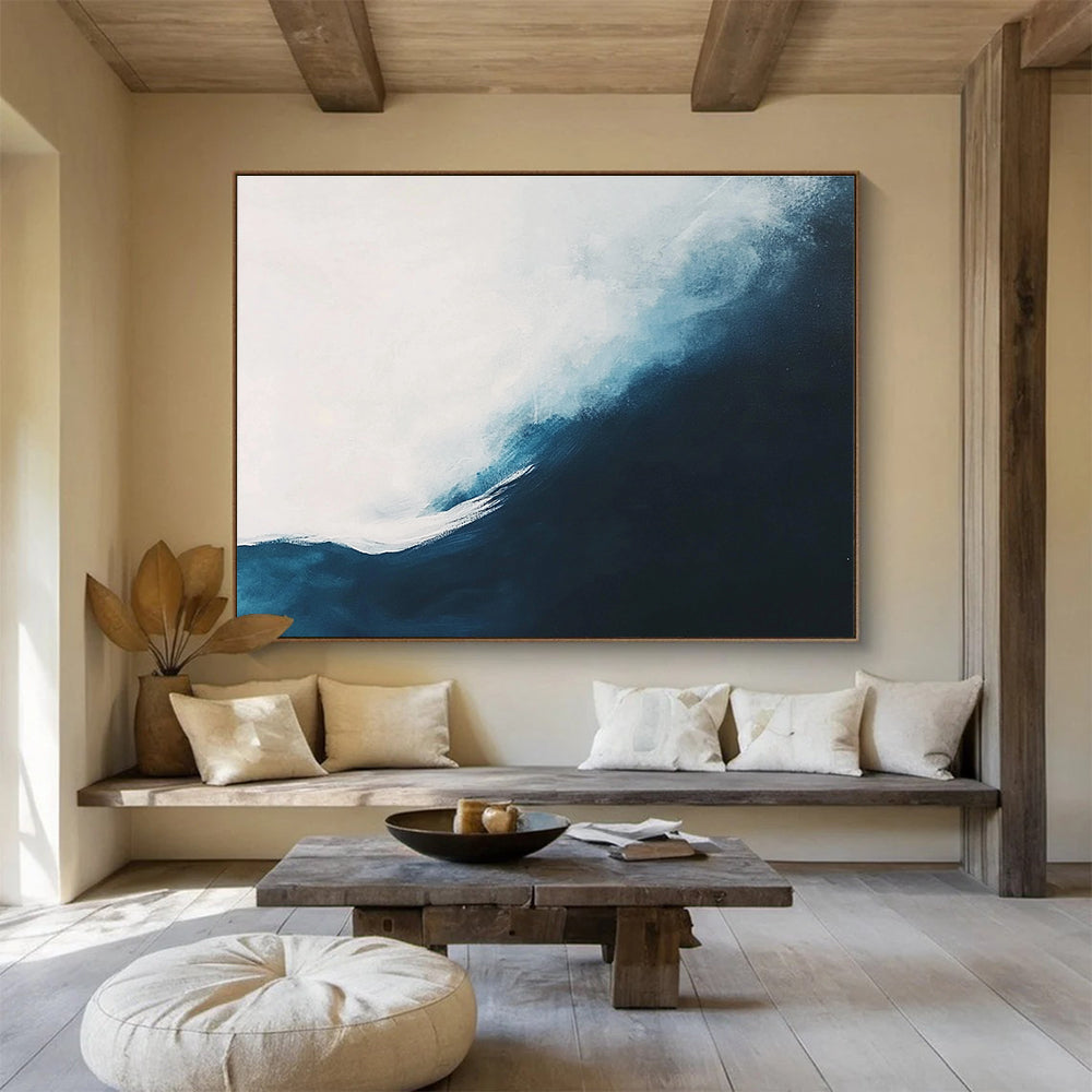Abstract painting of an ocean wave featuring white and dark blue tones in a minimalist style, perfect for modern decor.SC162