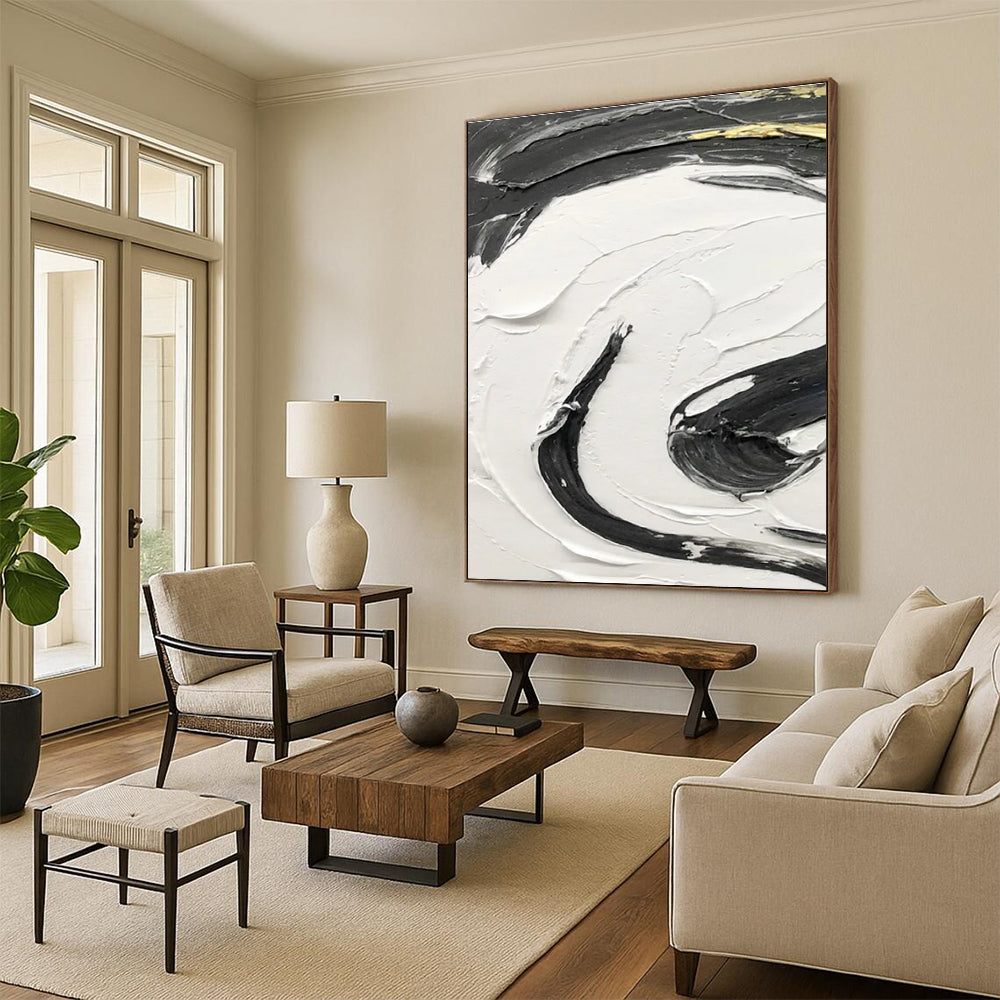 Gold - Accented Black and White Swirl Abstract Painting ADGE378
