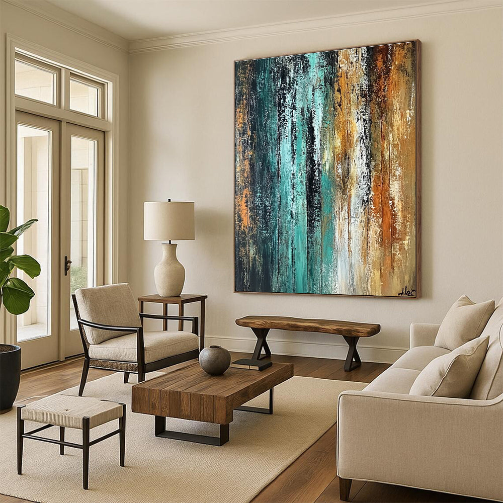 Teal and Brown Abstract Painting with Vertical Strokes GER485
