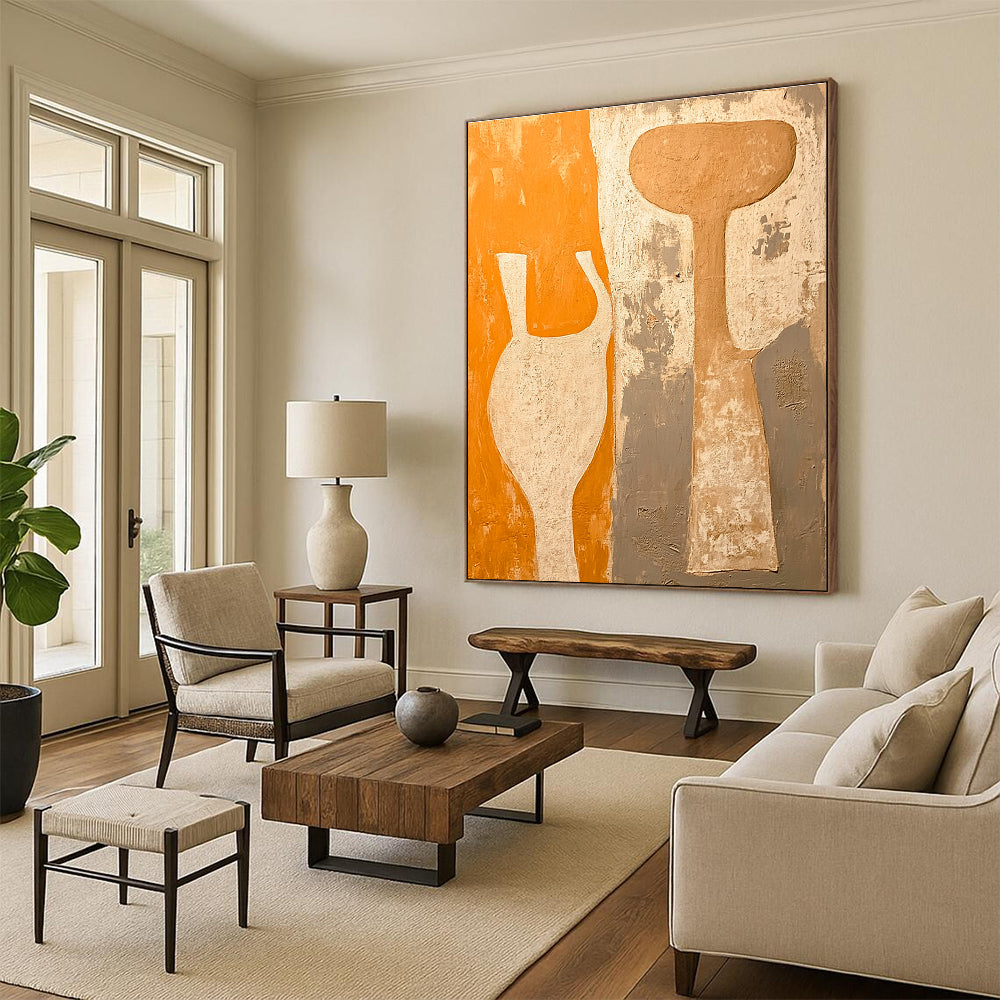 Orange Gray and Beige Vase - Shaped Abstract Painting with Textured Background GER060