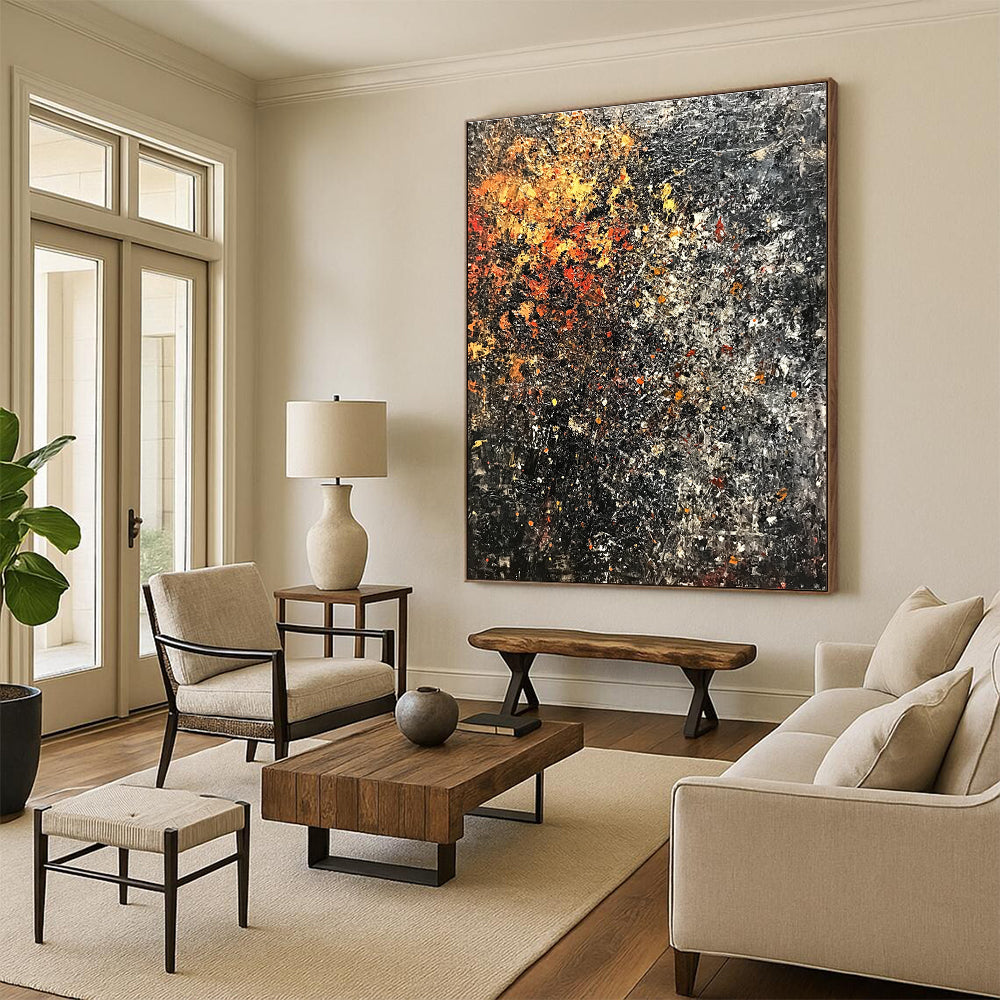 Abstract painting with dark colors and rusted metal featuring flowers and foliage on a textured background in vintage oil on canvas.STSC625
