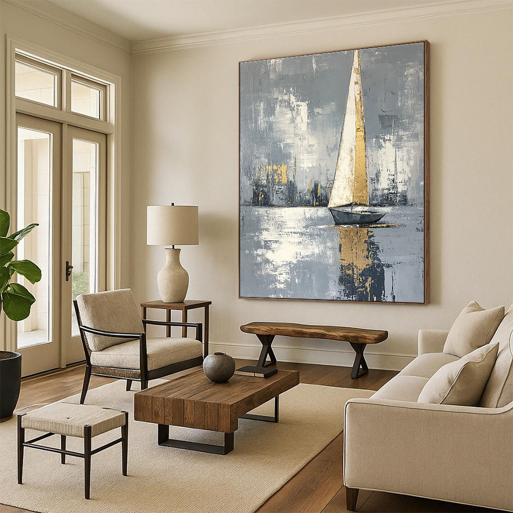 Abstract painting featuring a serene sailing boat with gray background and white gold accents created using soft light and impressionist brush strokes.STSC1420