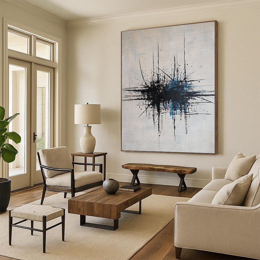 Large abstract painting featuring dynamic lines and dots in grey, blue, and black on a crisp white canvas.STSC189