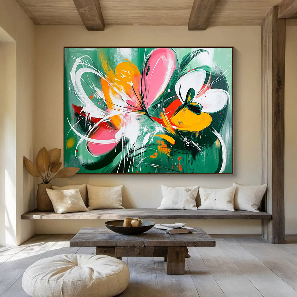 Large abstract painting of wildflowers with dynamic splashes and shapes in green pink yellow and orange accented by white lines and butterflies.SC207