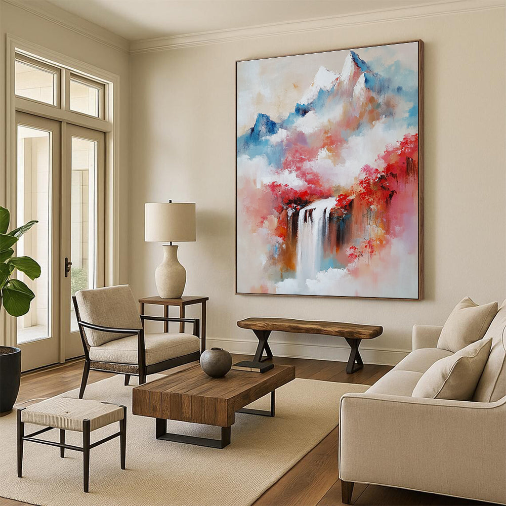 Large Abstract Oil Painting Featuring Mountains Waterfalls and Misty Atmosphere in Shades of Red and Pink With Delicate Brushstrokes.STSC171
