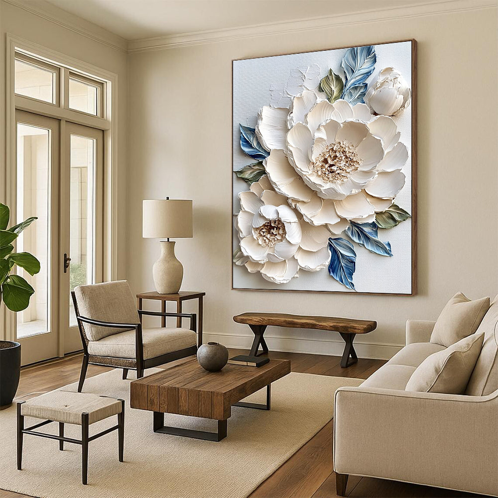 Large abstract painting of white peonies with impasto textures surrounded by blue and green leaves on a white background.STSC366