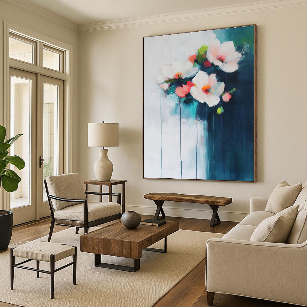 Large abstract painting of flowers in light blue and pink on a white background with dark teal brushstrokes creating an atmospheric effect.STSC679