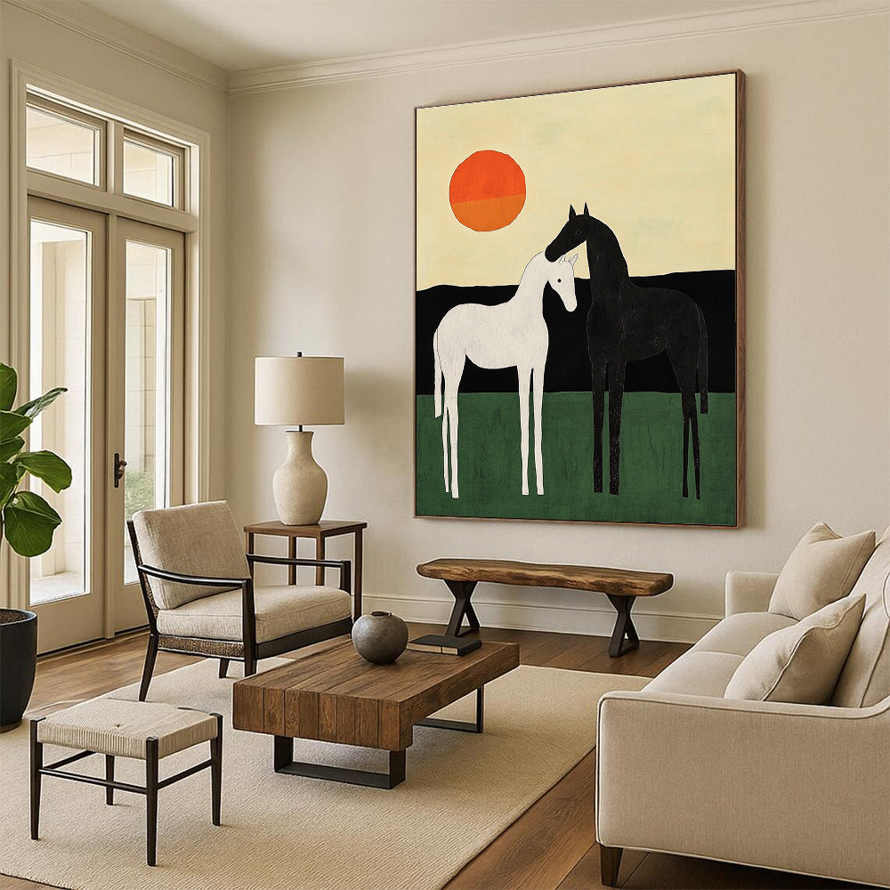 An abstract painting featuring two minimalist horses in black and white against a green field and colorful sky with an orange sun.STSC1329