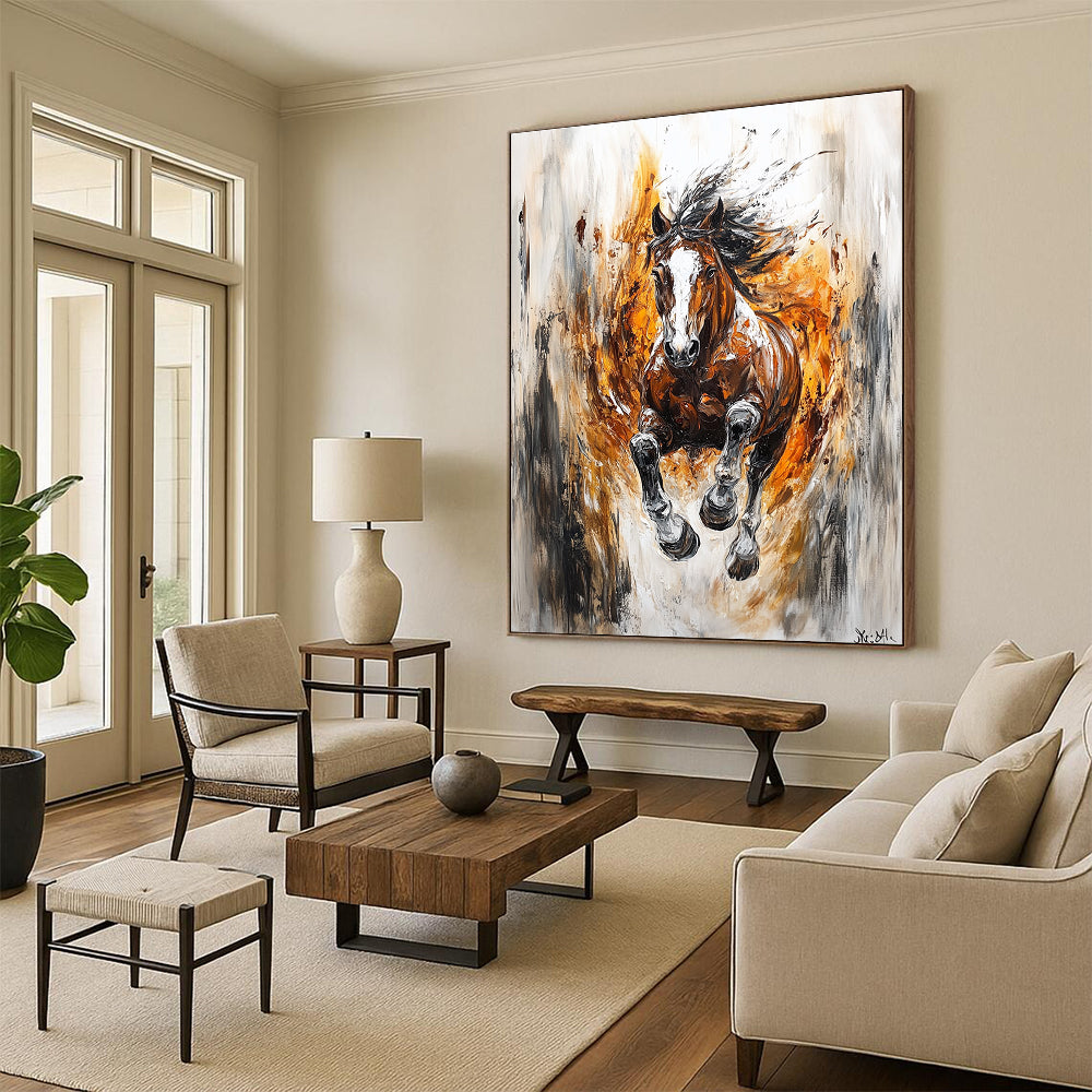 Large abstract painting featuring a wild horse in motion with dynamic colors and strong contrasts embodying speed and freedom.STSC1368