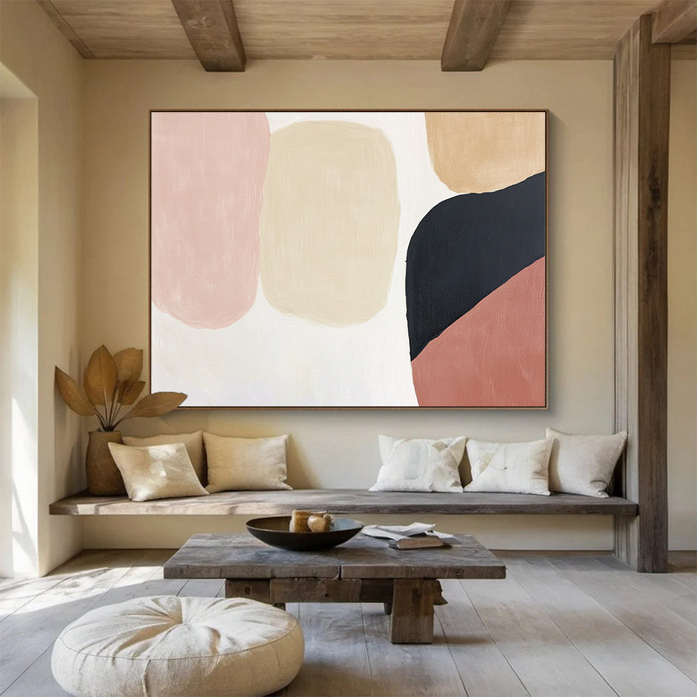 Abstract art in soft pink, beige, and black hues on a clean white background perfect for modern decor and elegant spaces.SC279