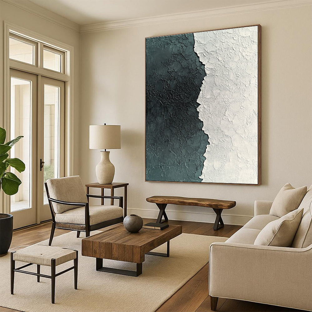 Large abstract painting of textured white and grey plaster with deep green accents showcasing detailed patterns and a captivating grainy finish.STSC836