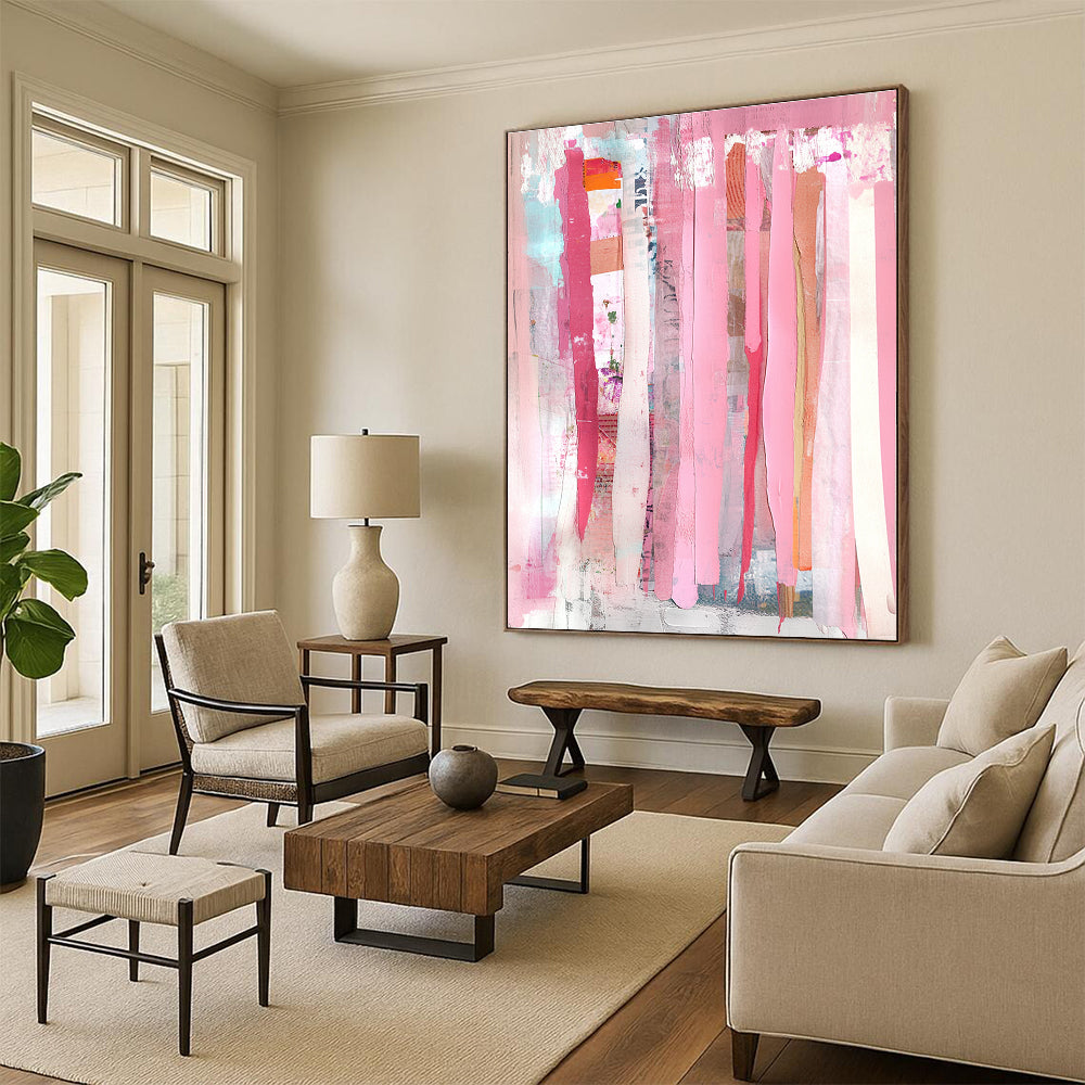 Bold abstract painting featuring peach-colored pink curtains with mixed media collage of torn paper and painted elements for a unique artistic expression.STSC1407