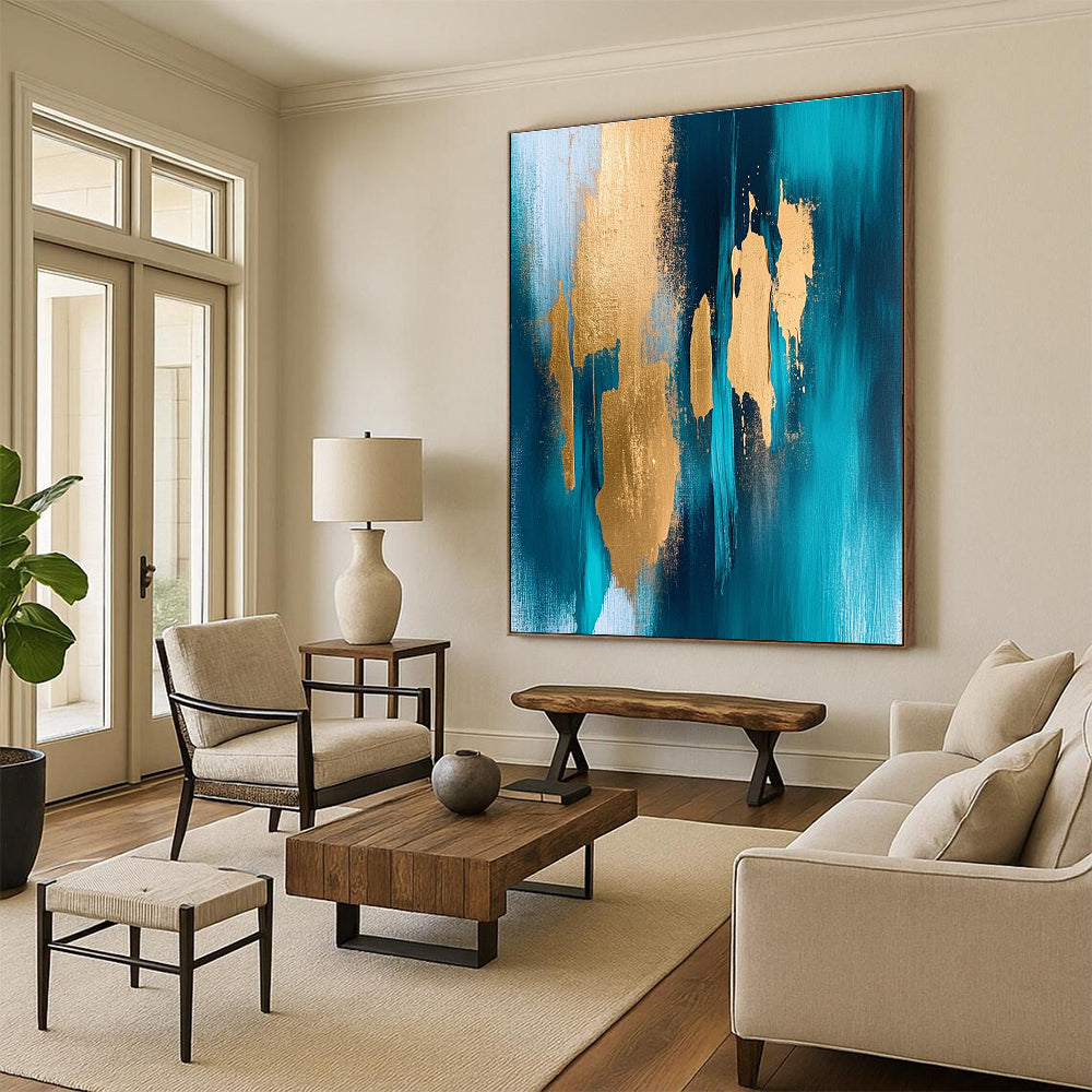 Teal and Gold Abstract Painting with Dynamic Forms GER381