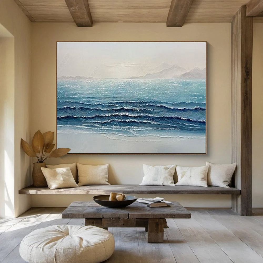 Sparkling Sea Wave Abstract Painting with Blue, White, and Grey Tones THY185