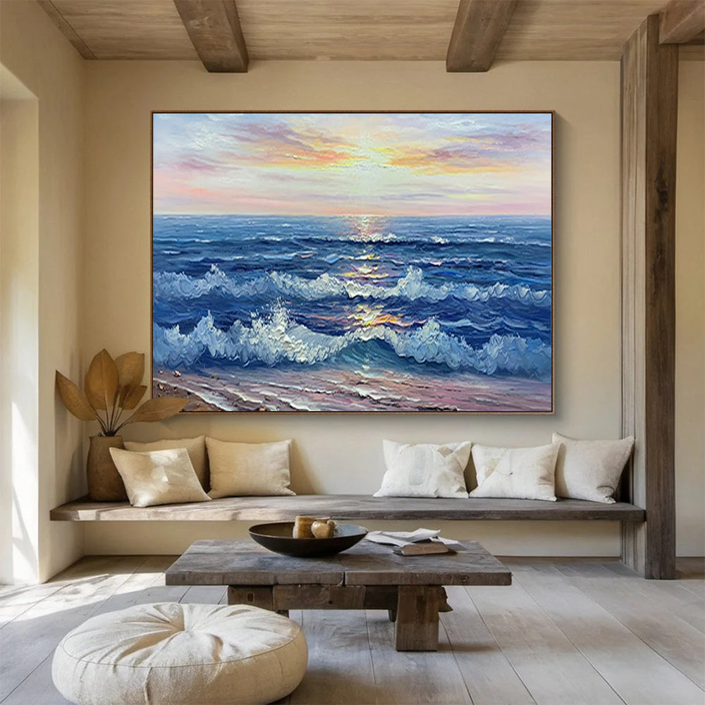 Sunset Sea Abstract Painting with Blue, Orange, and Pink Tones THY218