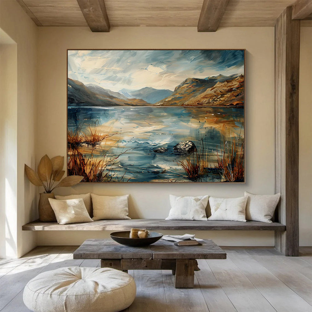 Lake Mountain Abstract Painting with Dynamic, Reflective Beauty THY403