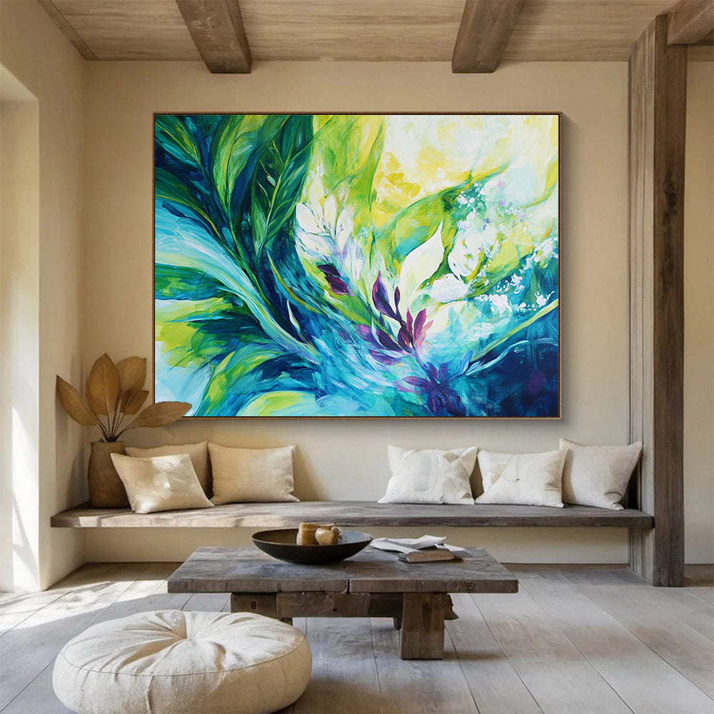 A large abstract painting featuring vibrant tropical plants in green and teal with purple accents and white flowers, showcasing dynamic energy and harmonious beauty.SC431