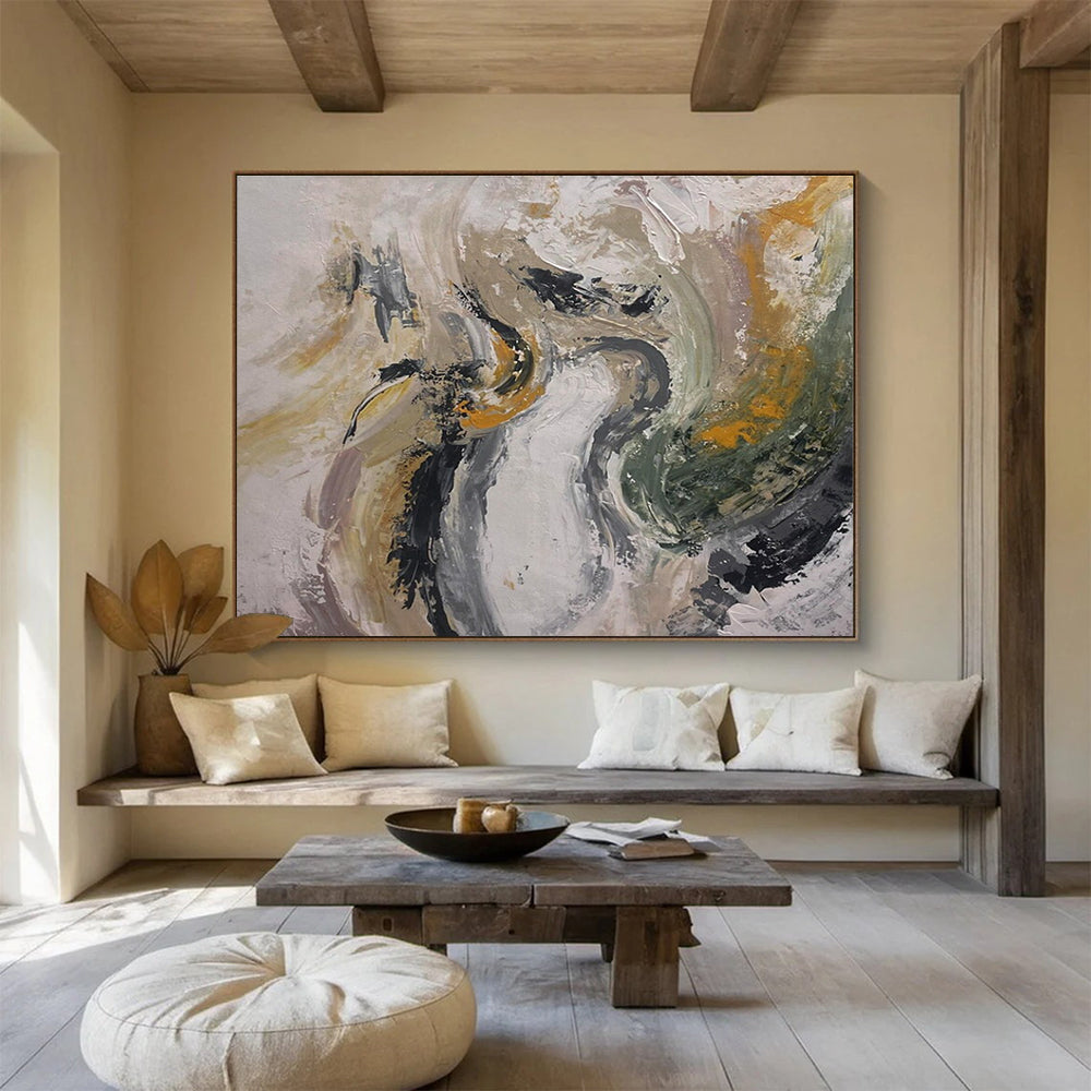 Gray Gold Green Abstract Painting with Subtle, Natural Inspirations THY387
