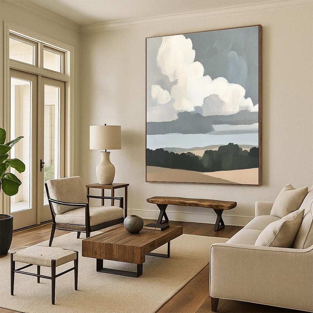 Abstract painting of clouds over plains featuring neutral colors and soft tones inspired by Merian and Morris with thick brush strokes.STSC1390