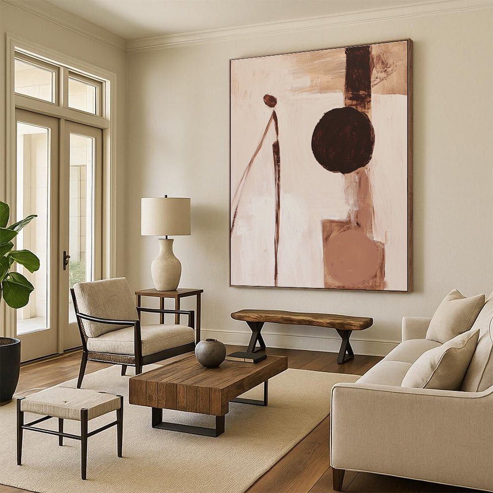 Abstract painting featuring fluid organic forms in brown and white with a minimalistic human figure and beige palette on a neutral background.STSC695