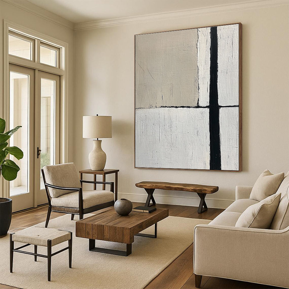 Large abstract painting featuring a minimalistic design with an empty space and a single black vertical line in beige and gray tones.STSC260