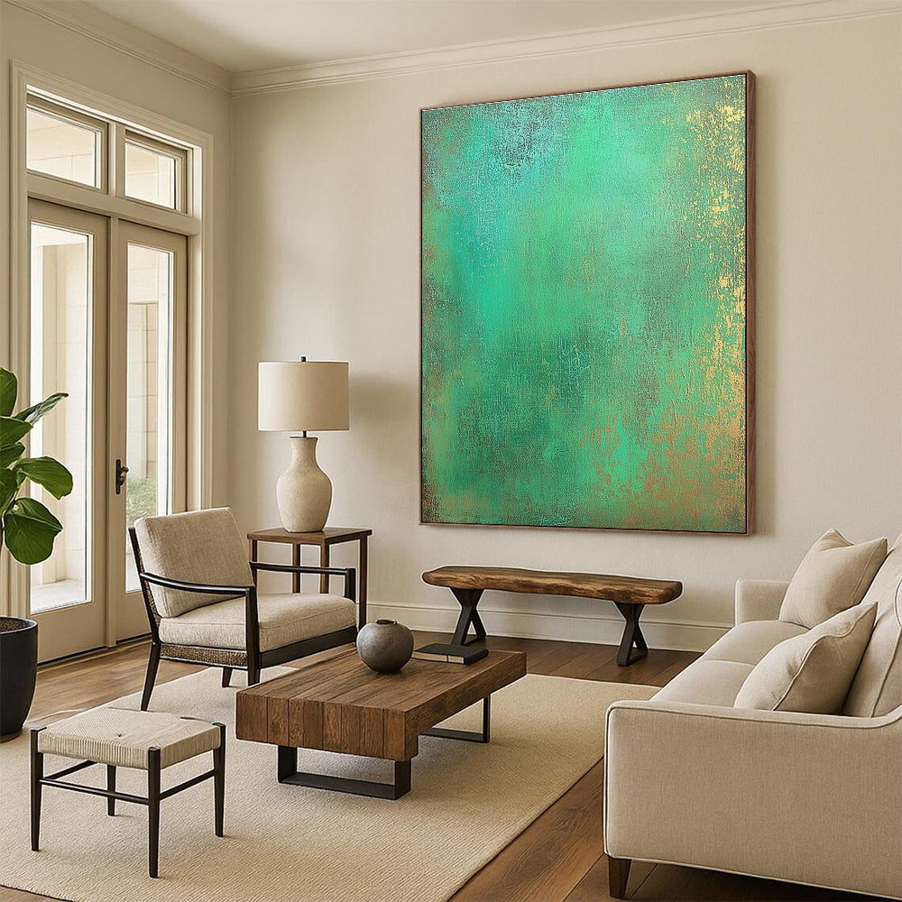 Green and Gold Textured Abstract Painting with Lush Glows GER128