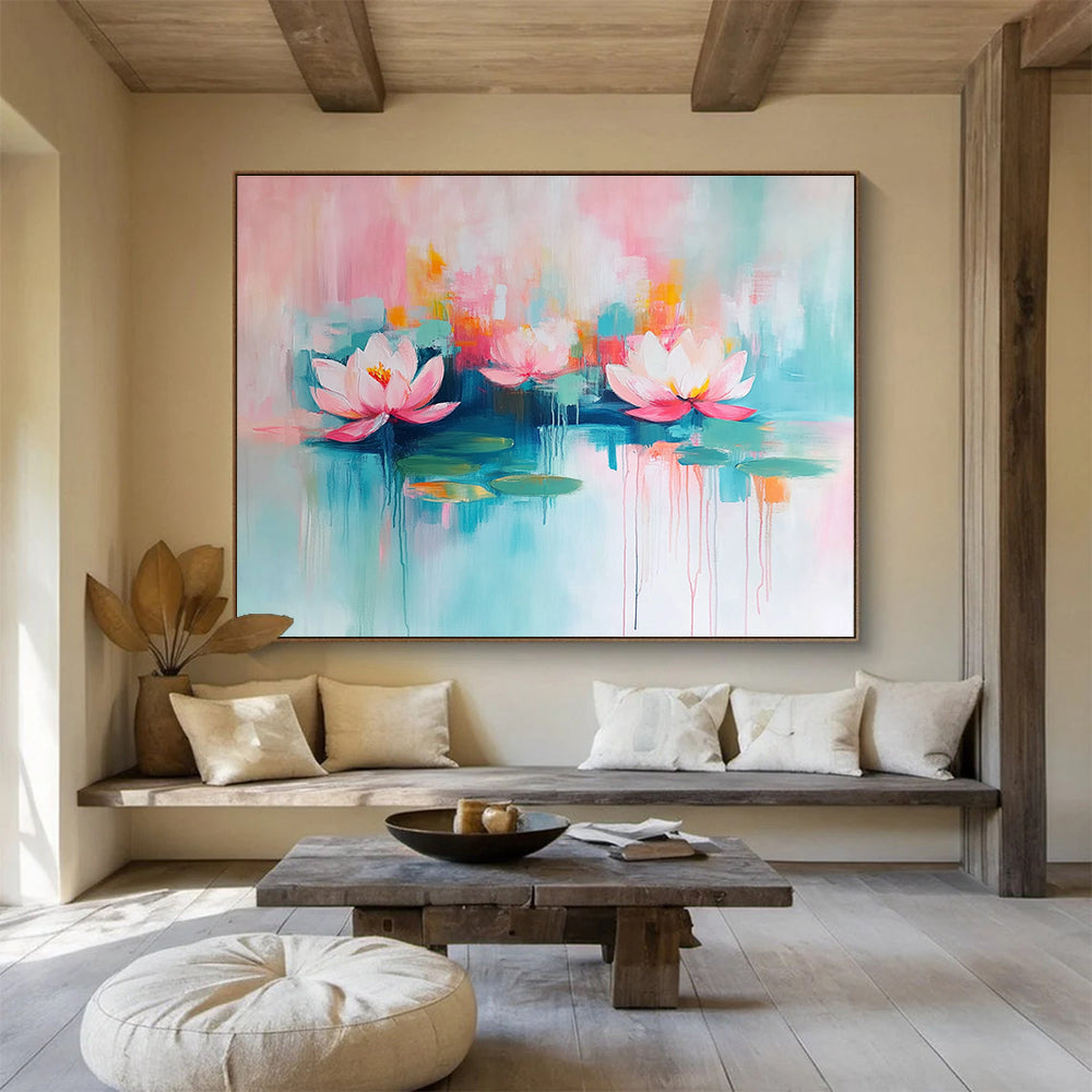 Large abstract painting featuring pink and turquoise water lilies with thick brush strokes on canvas.SC197