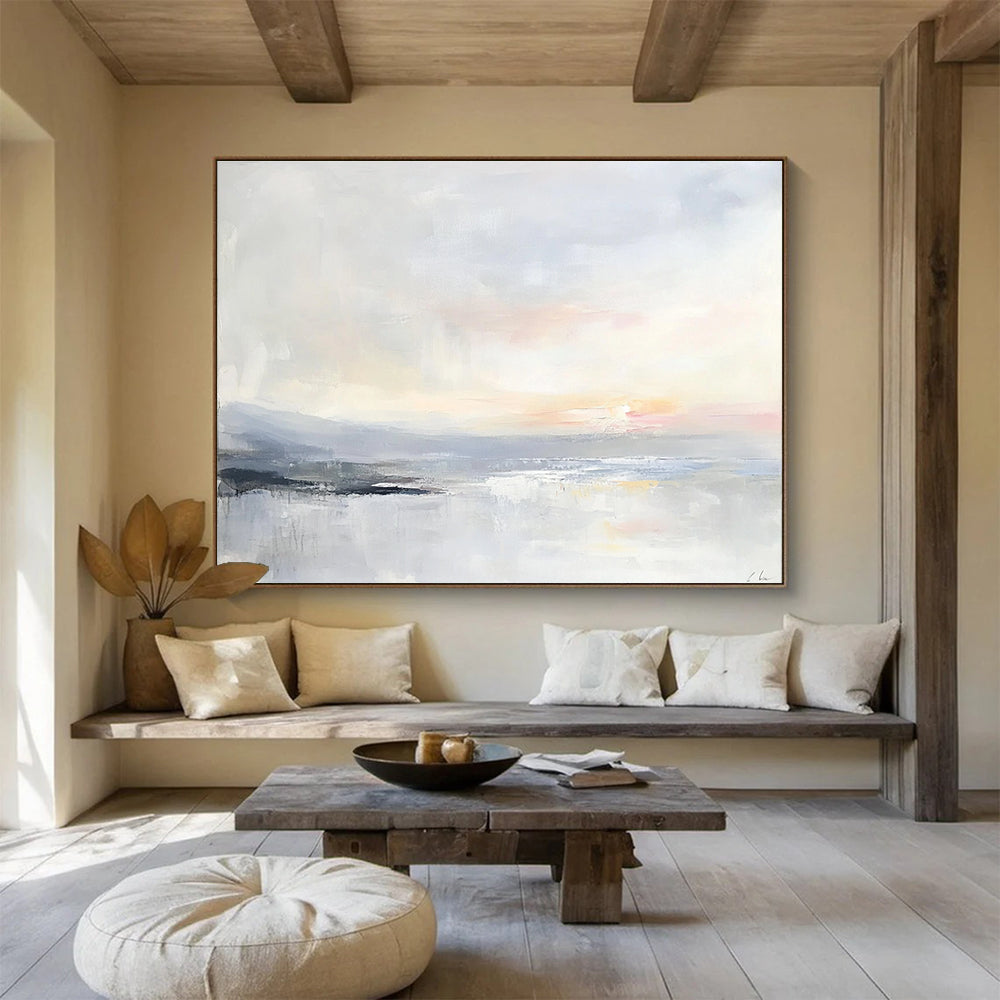 Large abstract painting of a serene ocean landscape in soft pastels with visible brush strokes and a tranquil sunrise over calm waters.SC161