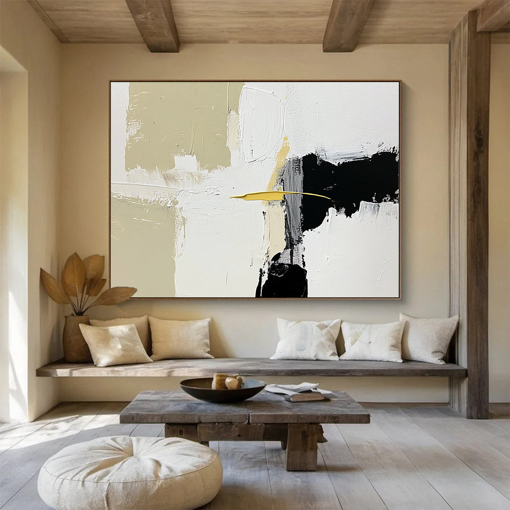 Large abstract painting featuring white beige and black shapes with brush strokes and a small yellow line on an off-white background.SC206