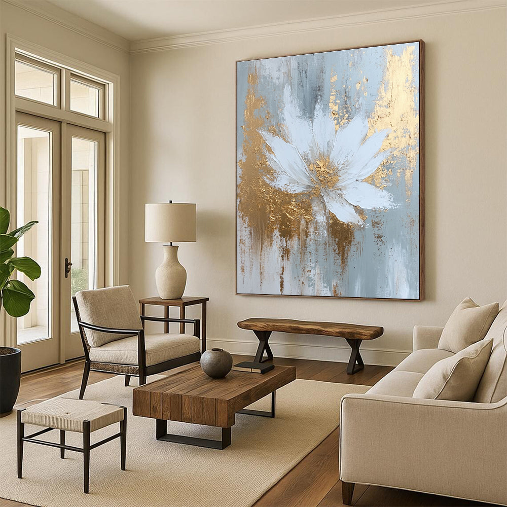 Large abstract painting featuring white and gold hues with textured brush strokes and atmospheric effects in a dreamy misty style.STSC381