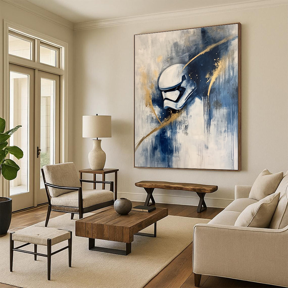 Abstract painting of a stormtrooper in action featuring white and blue tones with gold highlights in an Abstract Expressionism style on canvas.STSC667