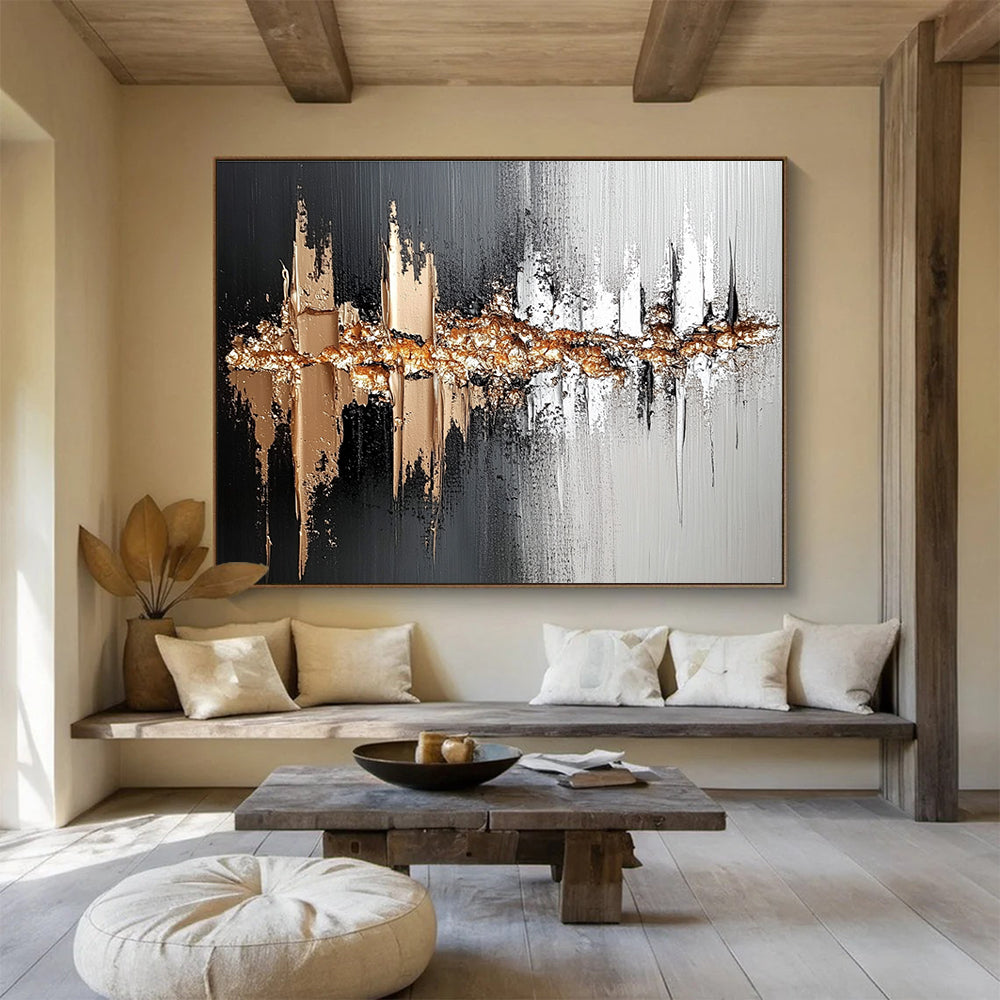 Black Gray Gold Abstract Painting with Textured Gold Accents DYP303