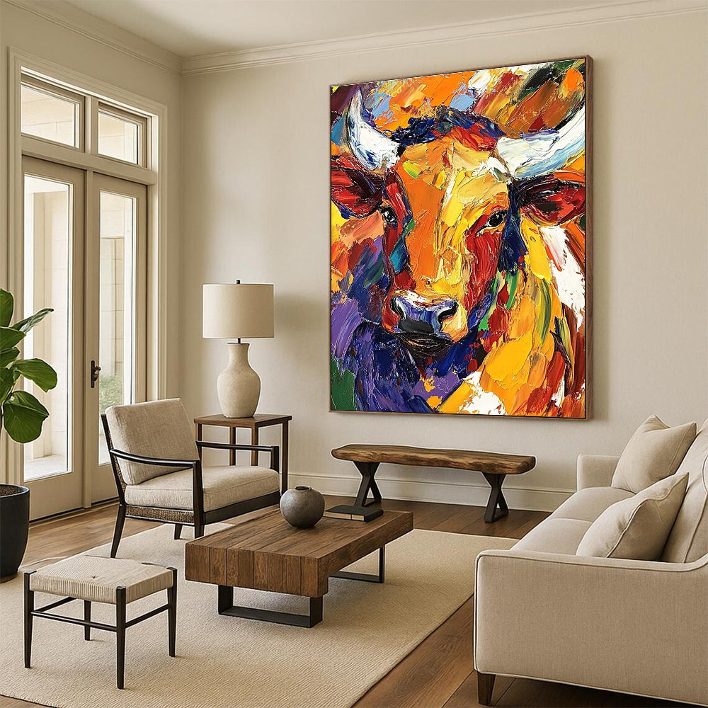 Large abstract oil painting of a colorful African bull with dynamic loose brush strokes showcasing vibrant artistry.STSC141