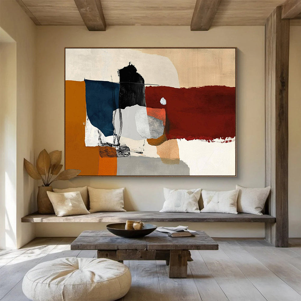 A large abstract painting featuring minimalistic shapes, dark red and orange hues, with white, grey, and blue accents in a loose collage style.SC329