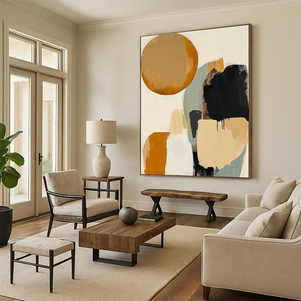 Large abstract artwork featuring earthy tones with circles and ovals surrounded by soft gray lines against a white background for an elegant look.STSC475