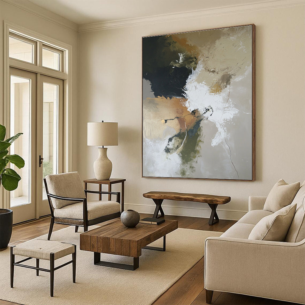 Large abstract painting depicting a desolate landscape with earthy tones and soft lighting in oil on canvas.STSC254