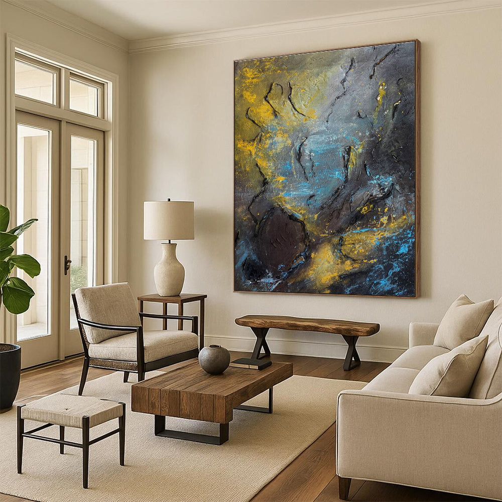 Dark Textured Abstract Painting with Yellow - Blue Accents ADGE471