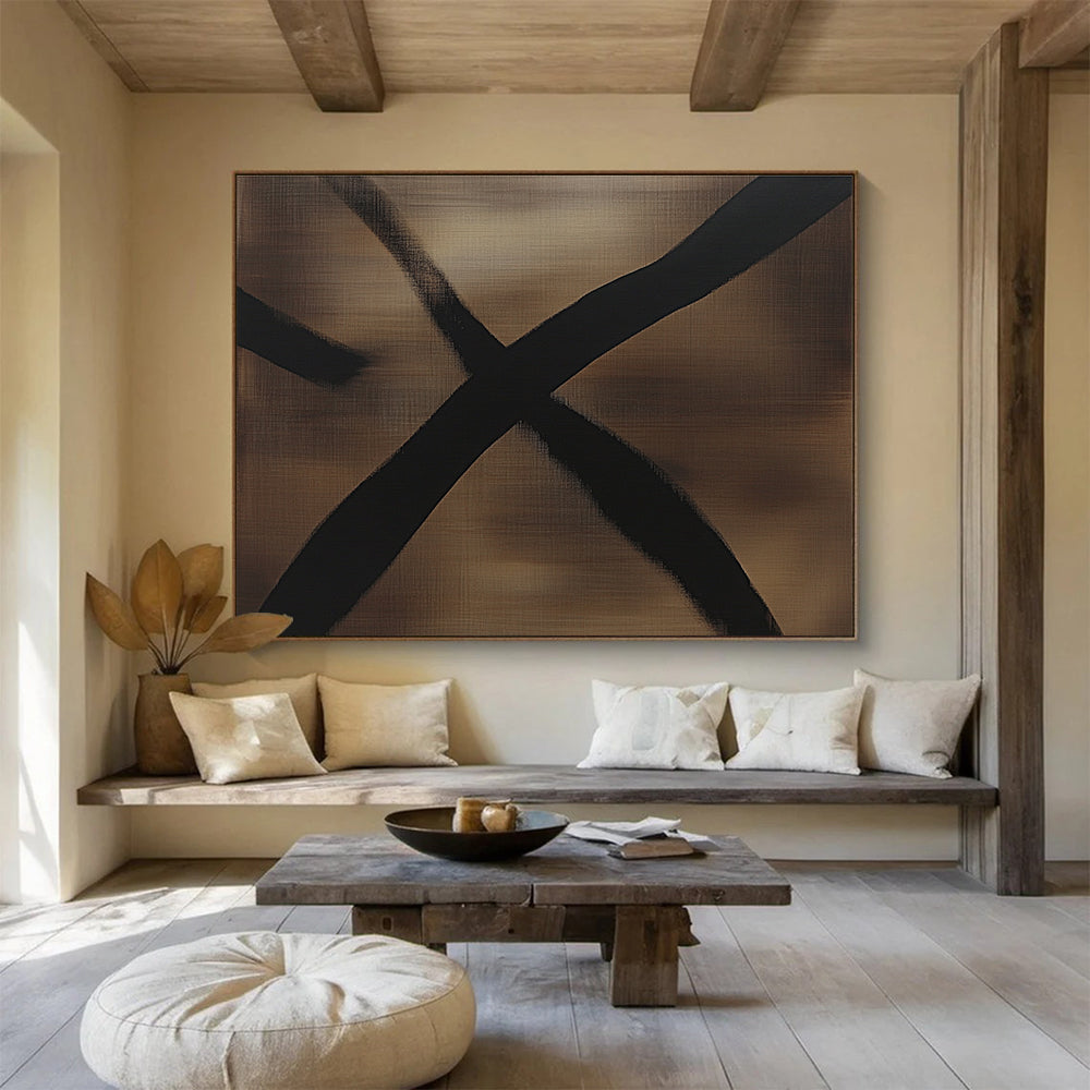 An abstract painting featuring dark brown and black lines with dragonfly wing shadows, minimalist style, monochromatic color scheme, oil painting effect.SC349
