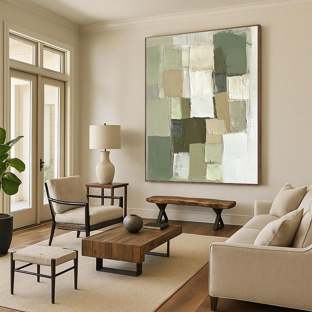 Green Beige Abstract Painting with Geometric Blocks GER811