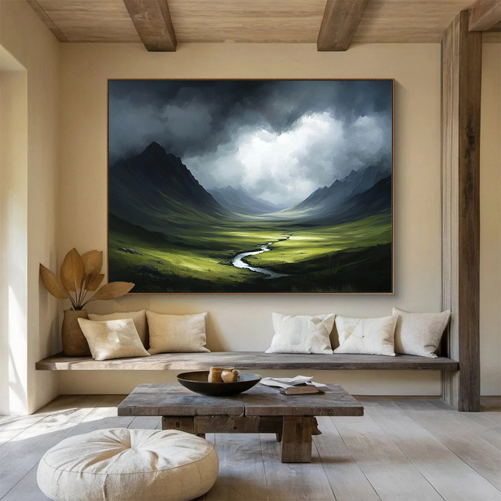 A large abstract painting of the Scottish Highlands featuring stormy skies and dark greenery in a painterly style reminiscent of Greg Rutkowski.SC607
