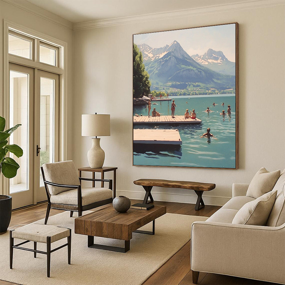 A large abstract painting depicting swimmers at Lake Annecy with majestic mountains creating a tranquil backdrop.STSC878