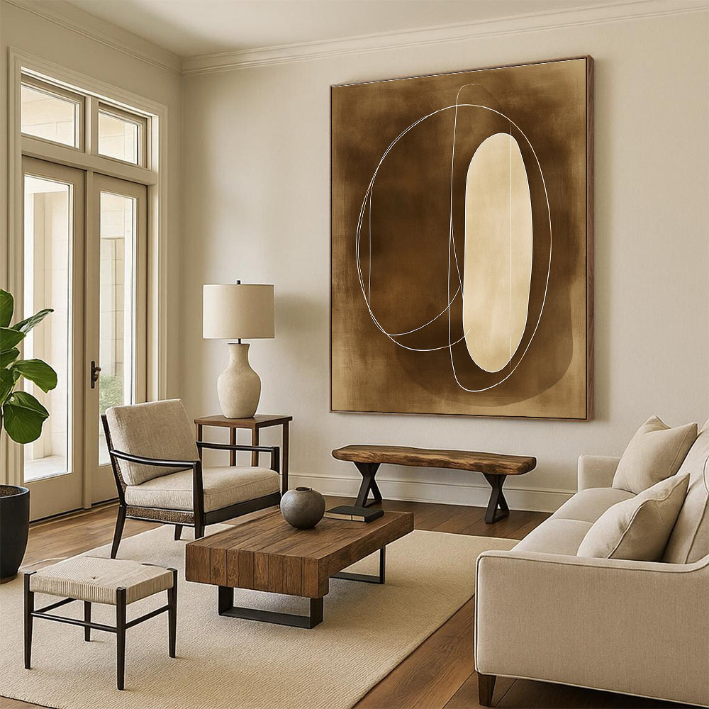 Large abstract painting with sepia tones featuring soft lines organic shapes outlined in white enhancing simplicity and elegance.STSC484