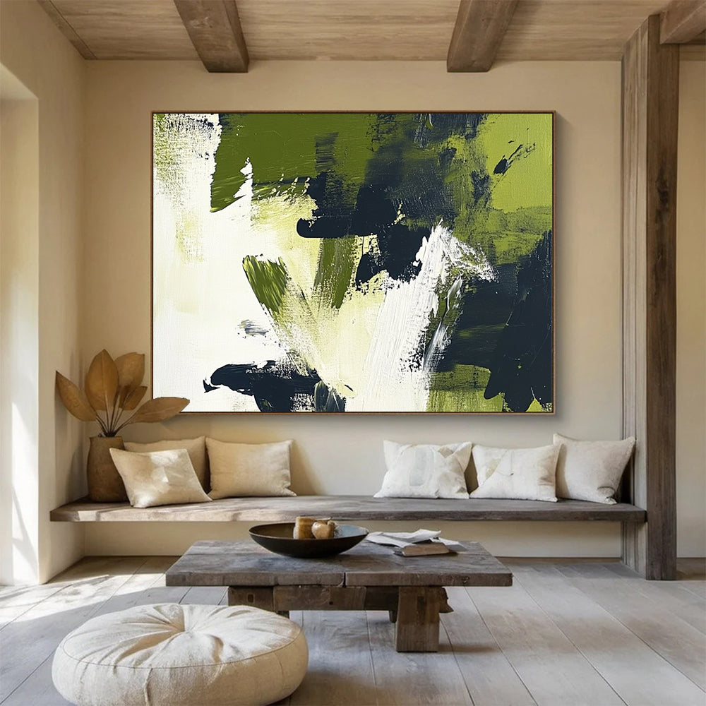 Large abstract painting featuring olive green and black brush strokes on white background, embracing minimalism and the essence of nature.SC248