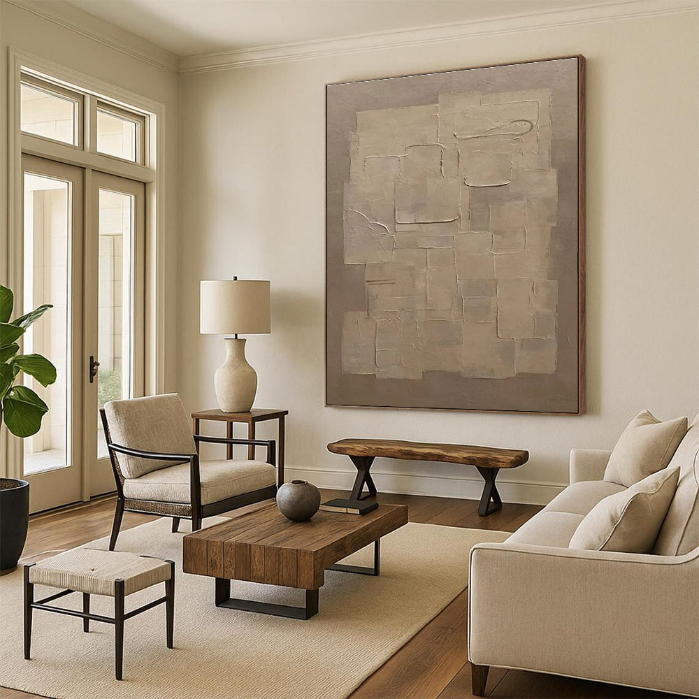 Beige Geometric Abstract Painting with Textured Squares ADGE490