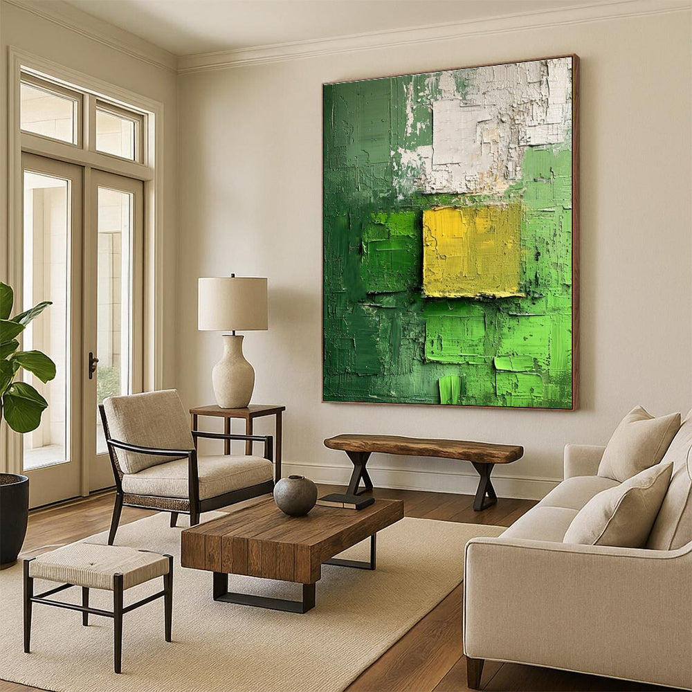 Green Yellow White Textured Abstract Painting ADGE029