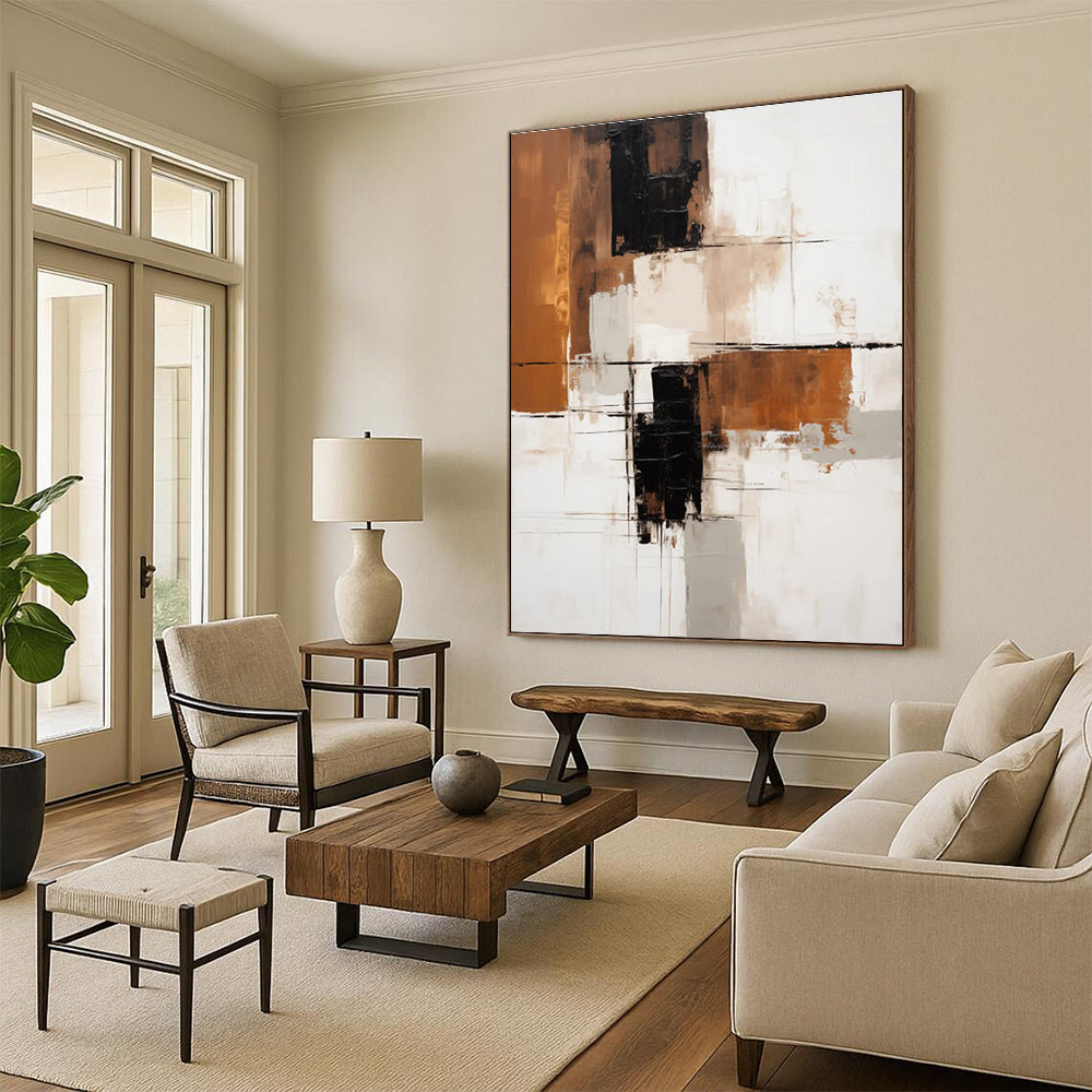 Earth - Toned Geometric Abstract Painting with Brown, Black, and Beige ADGE129