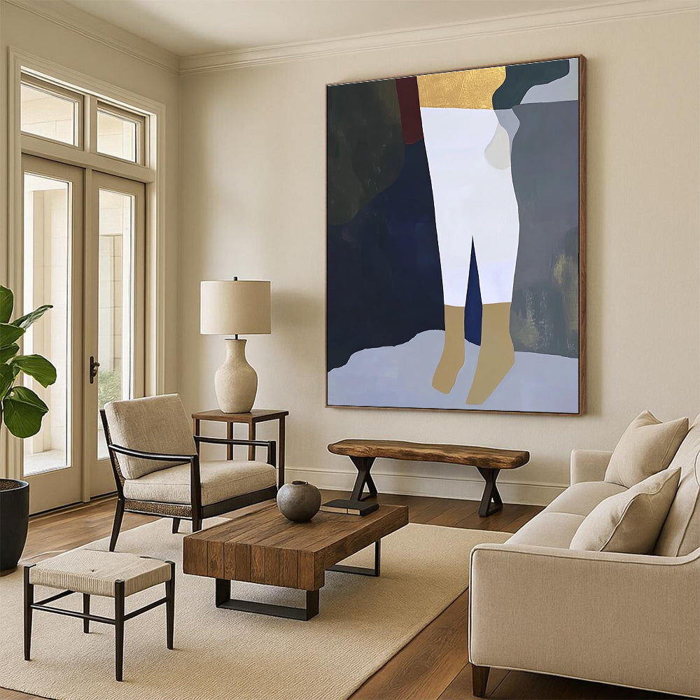 A large abstract painting featuring a close-up of a leg in white trousers and gold socks on a dark grey background in soft colors.STSC960