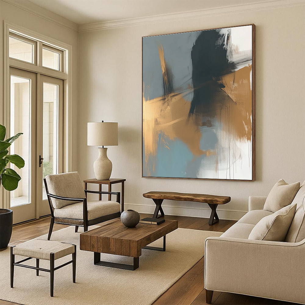 Gray Gold Abstract Painting with Fluid Brushstrokes GER780