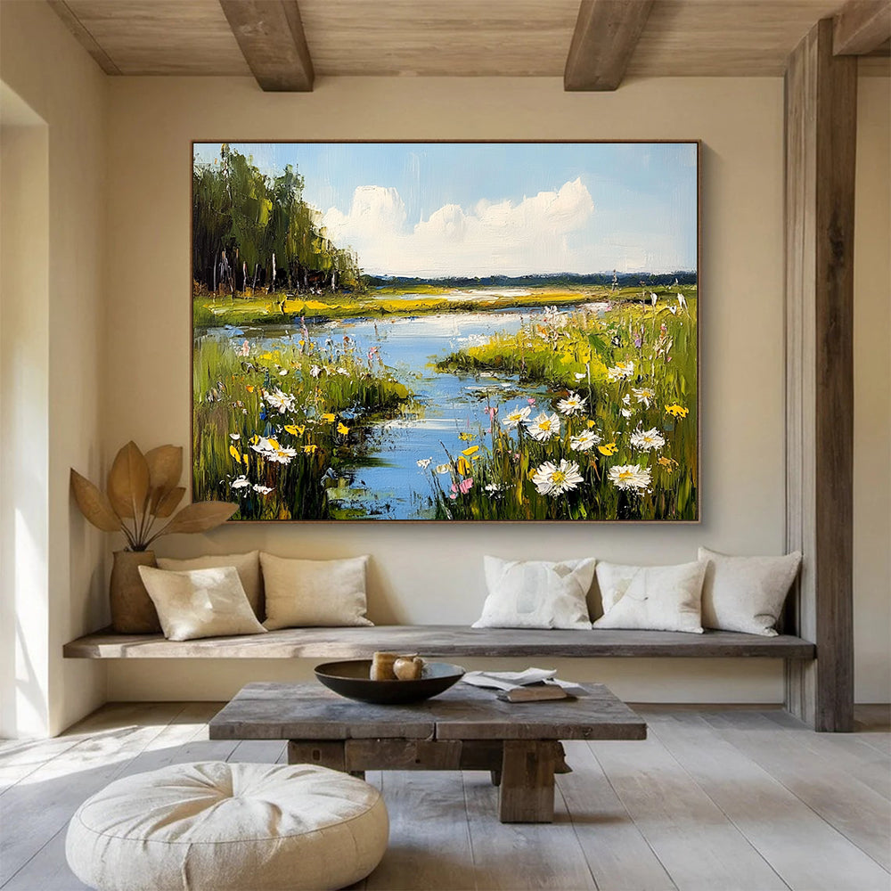 Abstract painting featuring a serene meadow with wildflowers and a reflective river under a sunny sky enhanced by gentle clouds.SC600