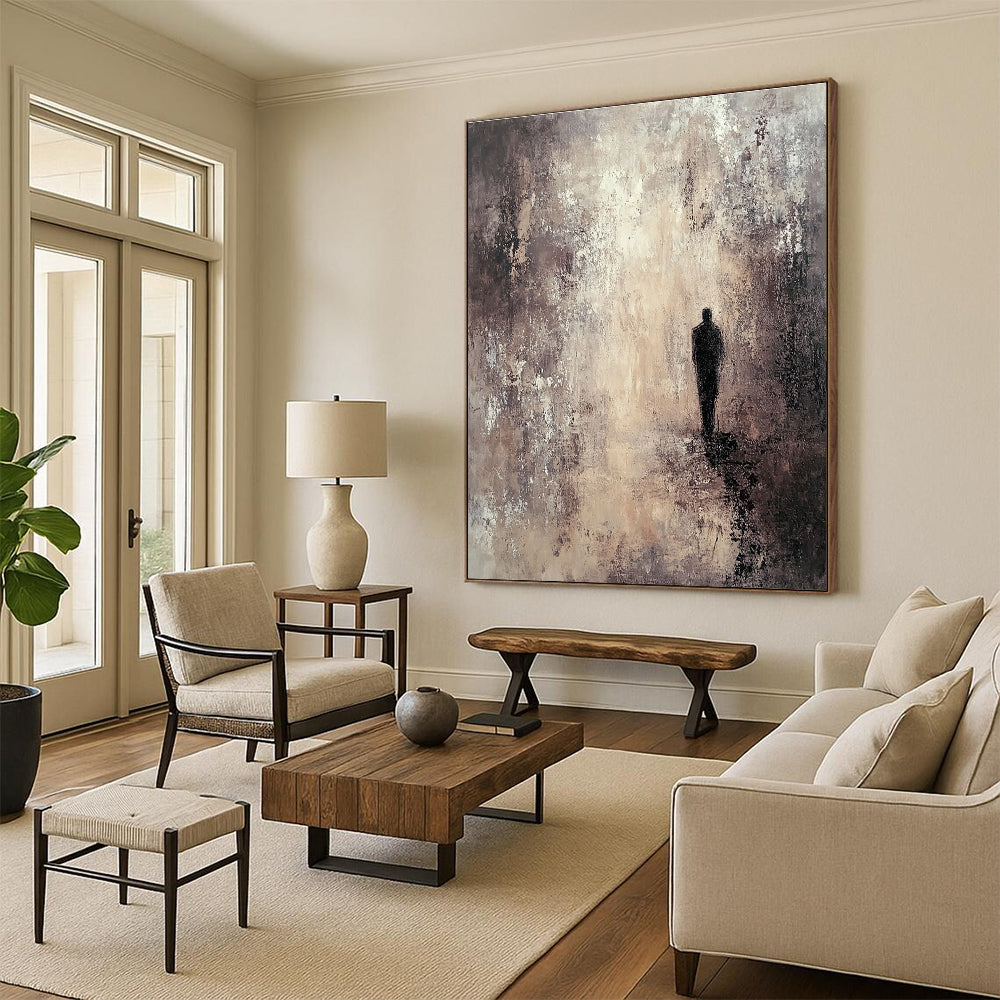 Large abstract painting featuring deep layers textured in brown and gray tones with a mysterious dark figure amidst an exquisite atmospheric backdrop.STSC206